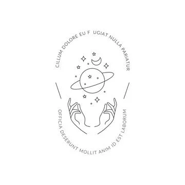 Boho hand drawn magic logo. Minimal bohemian mystic linear hands moon space Stock Illustration