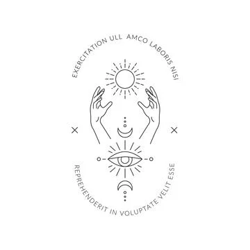 Boho hand drawn magic logo. Minimal bohemian mystic linear hands moon sun eye Stock Illustration