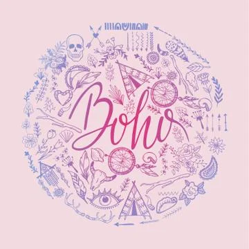 Boho hand drawn round pattern vector illustration. Dream catcher amulet, scull Stock Illustration