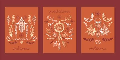 Boho hand drawn set of cards, banners vector illustration. Dream catcher amulet Stock Illustration
