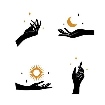 Boho hand with moon and sun. Collection of bohemian aesthetic design logos Ilustração Stock