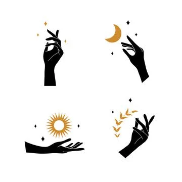 Boho hand with moon and sun. Collection of bohemian aesthetic design logos Ilustração Stock