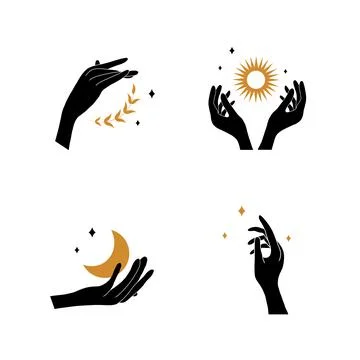 Boho hand with moon and sun. Collection of bohemian aesthetic design logos Ilustração Stock