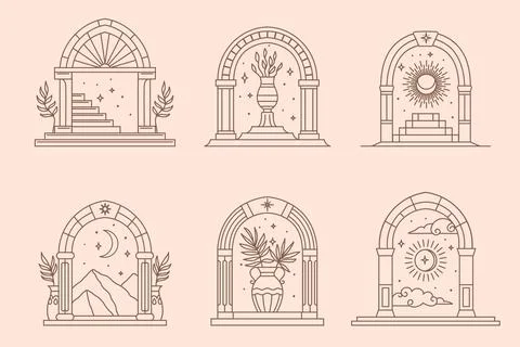 Boho heaven arch, gate door frames line icons set Stock Illustration