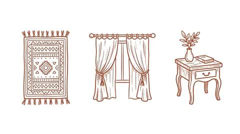 Boho home decor set featuring patterned rug window curtains and side table .. Stock Illustration