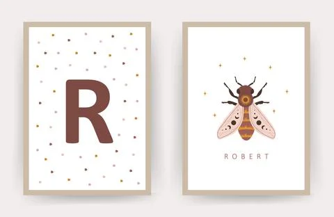 Boho honeybee. Posters with kid name. Scandinavian design for children room wall Stock Illustration