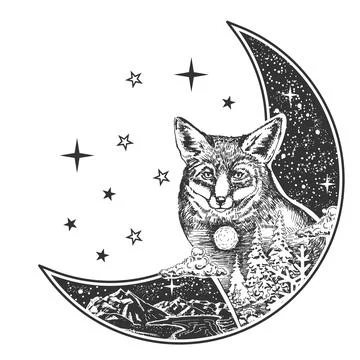 Boho icon with fox and celestial moon vector illustration Stock Illustration