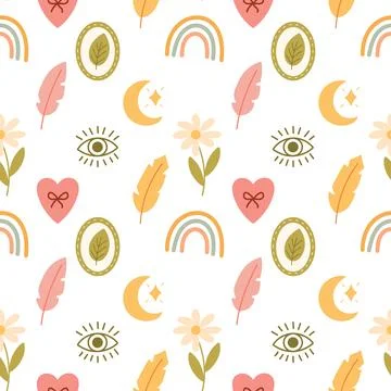 Boho icons pattern with rainbows and moons Illustrazione stock