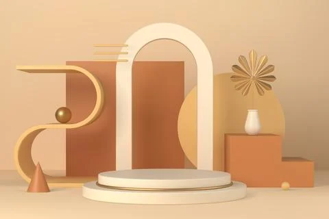 Boho interior minimal scene with podium and geometric forms 3d vector illus.. Stock Illustration