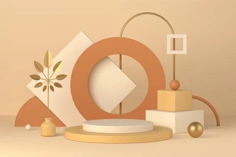 Boho interior minimal scene with podium and geometric forms 3d vector illus.. Stock Illustration