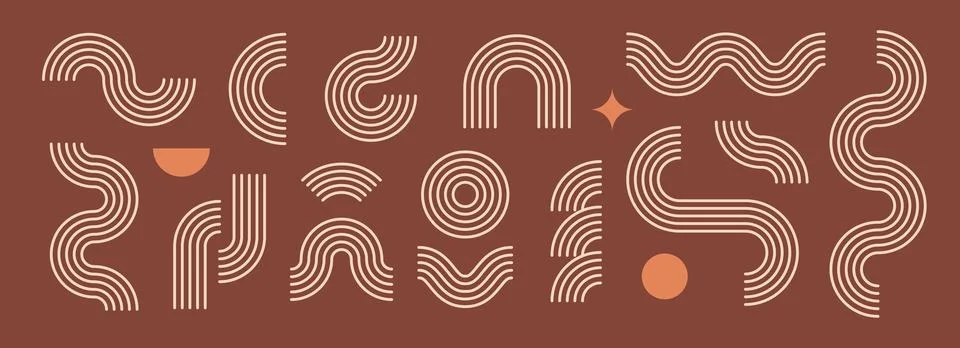 Boho line element collection. Brown wave, zigzag and arch form design. Mid 스톡 일러스트