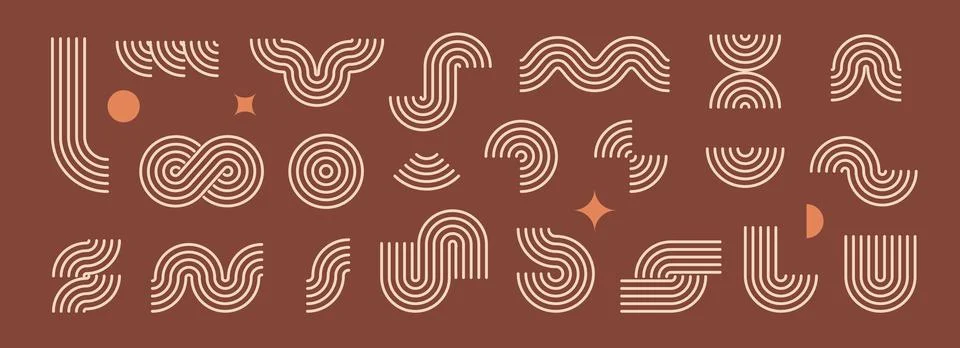 Boho line element set. Brown wave, zigzag and arch form design. Mid century geo Stock Illustration