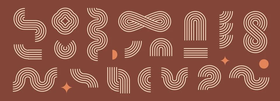 Boho line element set. Brown wave, zigzag and arch form design. Mid century geo Stock Illustration