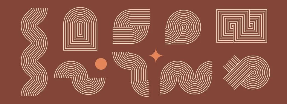 Boho line element set. Brown wave, zigzag and arch form design. Middle century Stock Illustration