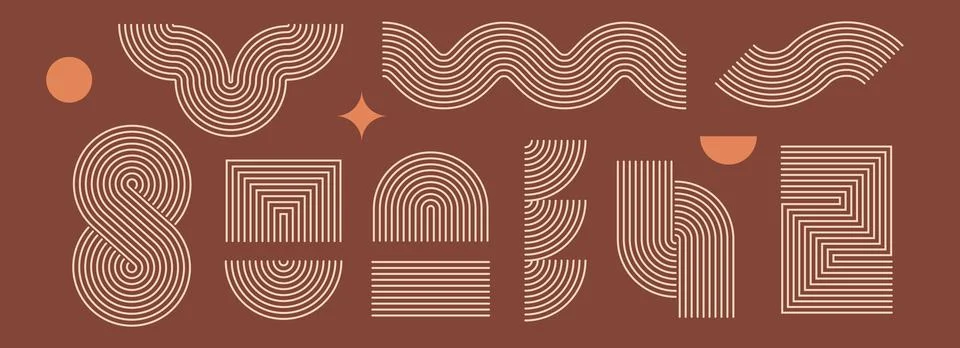 Boho line element set. Brown wave, zigzag and arch form design. Mid century Stock Illustration