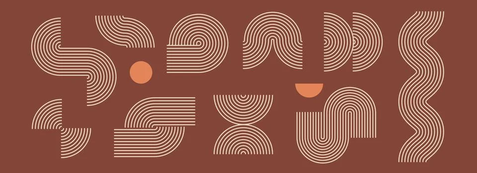 Boho linear element collection. Brown beige wave and arch forms design. Mid Stock Illustration