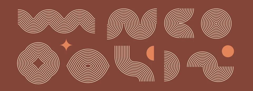 Boho linear element collection. Brown wave and arch forms design. Mid century Stock Illustration