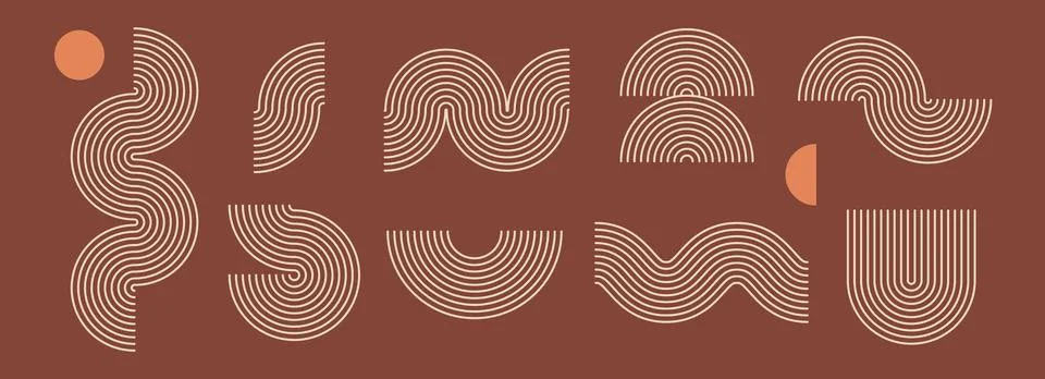 Boho linear element collection. Terracotta wave and arc forms design. Mid Stock Illustration