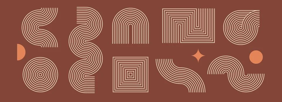 Boho linear element set. Brown beige wave and arch form design. Middle century Stock Illustration