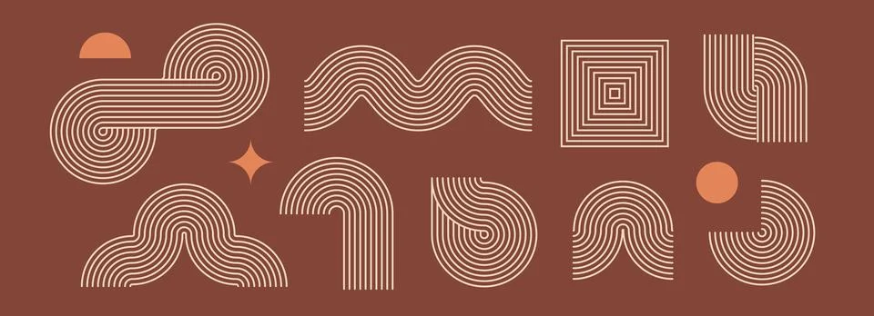 Boho linear element set. Brown beige wave and arch forms design. Mid century Stock Illustration