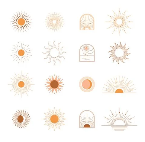 Boho linear sun, arch, arc set vector. Architecture elements in bohemian styl イラスト素材