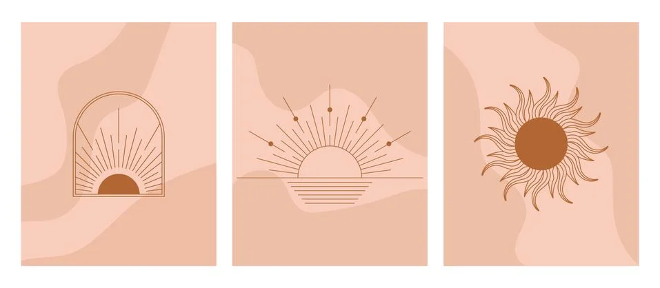 Boho linear sun, arch, arc set vector. Terracotta architecture elements in bo Stock Illustration