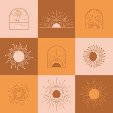 Boho linear sun, arch, arc set vector. Terracotta architecture elements in bo Illustrazione stock