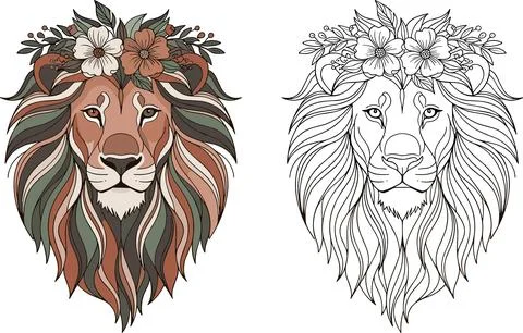 Boho Lion Head with Floral Crown Vector Illustration and Line Art Outline Stock Illustration