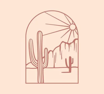 Boho logo cactus. Desert outline illustration. Line landscape with sun, mountain Stock Illustration