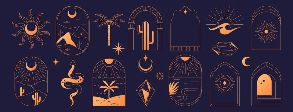 Boho logo, line arch frames and symbols with desert, cactus, sun, moon, palm Illustrazione stock