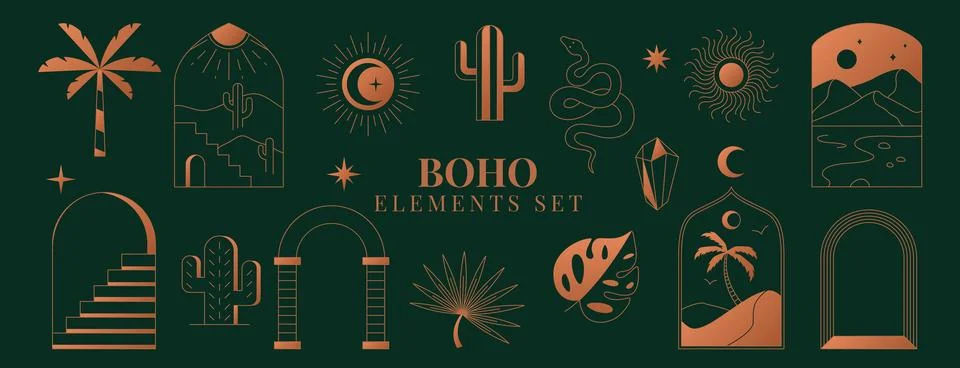 Boho logo, line arch frames and symbols with desert, cactus, sun, moon, palm Stock Illustration