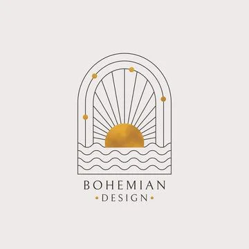 Boho logo. Vector emblem with sun and waves. Stock Illustration