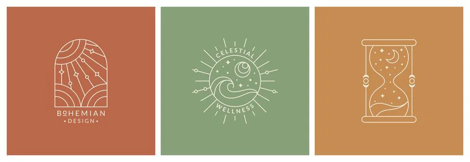 Boho logos. Line design elements with sun and moon. Vector. Stock Illustration