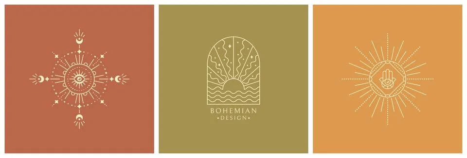 Boho logos. Line design elements with sun symbols. Vector. Stock Illustration