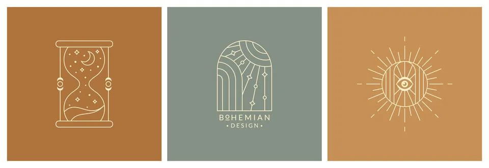 Boho logos. Line design elements with sun and hourglass. Vector. Stock Illustration