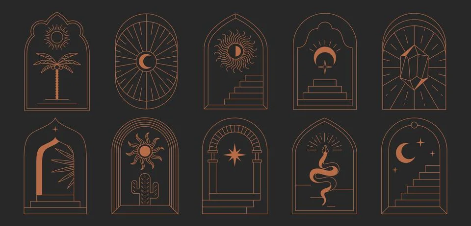 Boho logos, linear arch frames and symbols with mystical esoteric elements Illustrazione stock