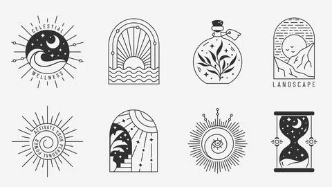 Boho logos. Vector set with sun, moon, potion, hourglass, etc. Ilustração Stock