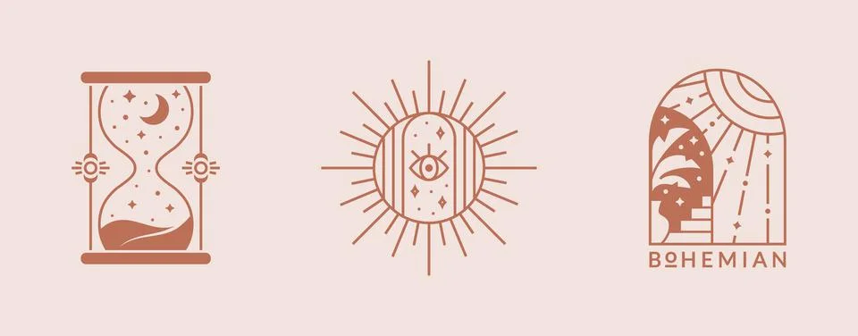 Boho logos. Vector set with sun, moon and hourglass. Ilustração Stock