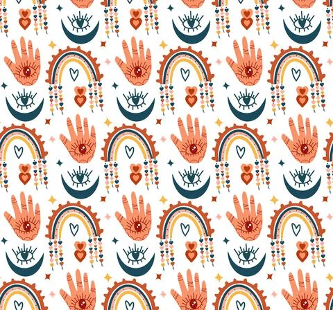 Boho love pattern. Folk mystical tarot ornament. Heart rainbow doodle endless Stock Illustration