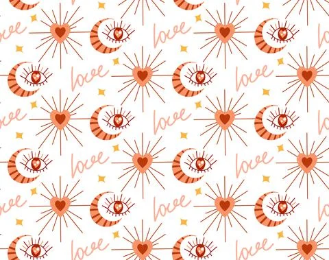 Boho love pattern. Folk mystical tarot ornament. Heart doodle endless texture 스톡 일러스트