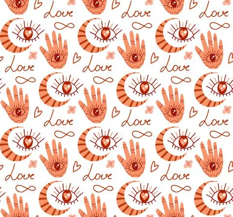 Boho love pattern. Folk mystical tarot ornament. Heart doodle endless texture Stock Illustration