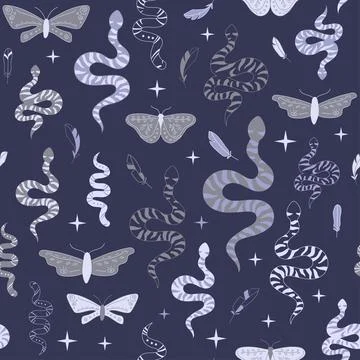Boho magic pattern with snake and feather Stock Illustration