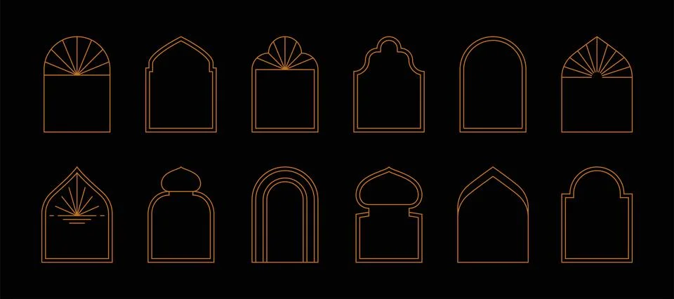 Boho minimal arch frames. Bohemian contemporary borders, esoteric gold line logo Stock Illustration