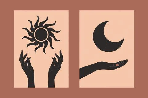 Boho minimalist poster set. Hands holding sun and moon contemporary backgrounds Stock Illustration