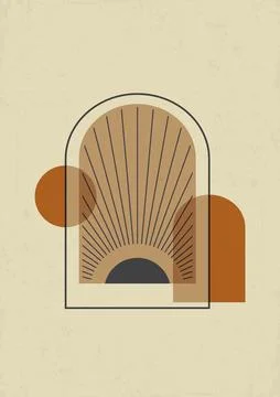 Boho minimalistic sun with arch interior illustration. Moroccan morning conte Stock Illustration