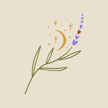 Boho minimalistic tiny lavender branch logo or label vector illustration Illustrazione stock