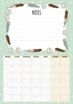 Boho monthly calendar with sage smudge sticks, feathers and candles elements Stock Illustration