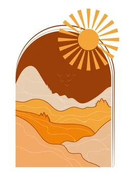 Boho Mountain and Sun Abstract Home Decor Illustration