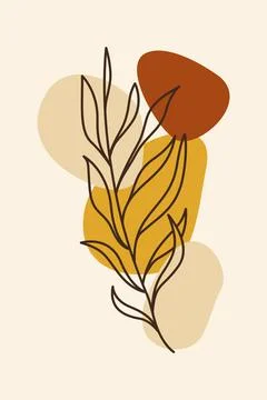 Boho Mustard Botanical Leaf Illustration with Abstract Shapes Stock Illustration
