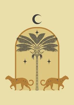 Boho mystical vector poster with cheetah wild cat. Elements in trendy bohemian Illustrazione stock